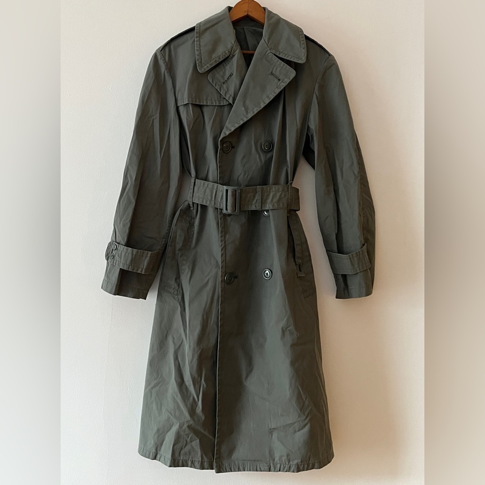 Muted Sage Green Vintage Military Trench Coat